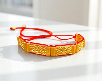 Vergoldetes Bar Armband: Rote Kordel Boho gewebter Schmuck