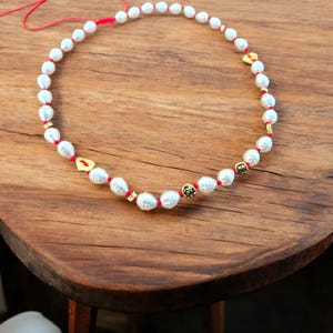pearl 24 k gold filled red cord necklace