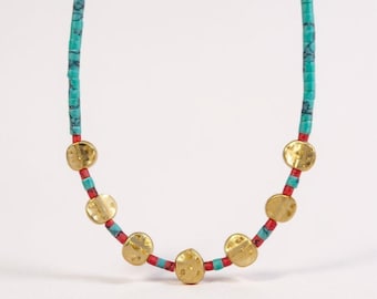 turquoise red beass plated gold necklace