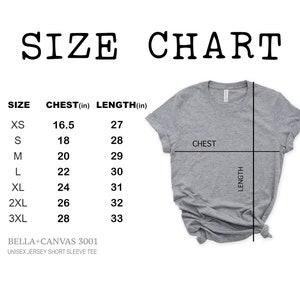 May include: Size chart for a unisex short sleeve t-shirt, showing chest and length measurements in inches for sizes XS to 3XL. The chart is printed on a white background with black text. The chart is accompanied by a photo of a gray t-shirt.