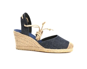 Damen Sommer Blau Leinen Espadrilles, Keilabsatz Schnür Espadrilles bio vegan nachhaltig - Canvas (7cm - 2.75inch) Made in Türkiye