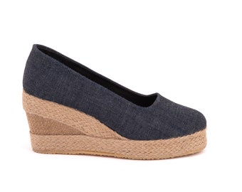 Women's Platform Summer Linen Espadrille with  Organic vegan sustainable - canvas (9cm - 3.54 inch) Made in Türkiye Ultra Light