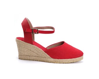 Women's Summer Red Linen Espadrilles, Wedge Heel Espadrilles organic vegan sustainable - canvas (7cm - 2.75inch) Made in Türkiye