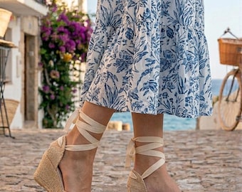 Damen Leinen Keil Espadrilles, Schnürsenkel Sommer Sandalen (7 cm Absatz) Made in Türkiye