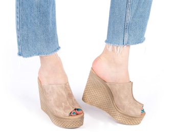 Sandalias de cuña de piel auténtica, mules de plataforma con puntera abierta, tacón de 12 cm.