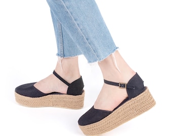 Handmade Linen Platform Espadrilles, Closed Toe Ankle Strap Sandals, 5cm Flatform Shoes, Summer Platform Mules, Mommy & Me Matching