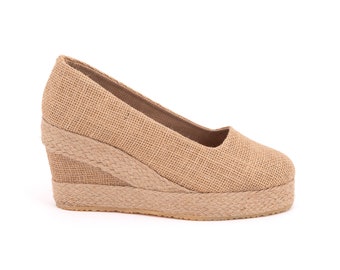Women's Platform Summer Linen Espadrille with  Organic vegan sustainable - canvas (9cm - 3.54 inch) Made in Türkiye Ultra Light