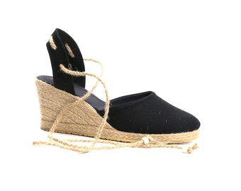 Women's Summer Black Linen Espadrilles, Wedge Heel Lace-up Espadrilles organic vegan sustainable - canvas (7cm - 2.75inch) Made in Türkiye
