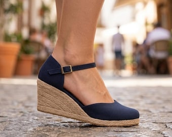 Marineblauwe linnen sleehakespadrilles – zomersandalen met enkelbandje (hak van 7 cm)