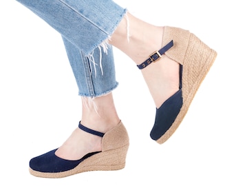 Navy Blue Linen Wedge Espadrilles – Summer Ankle Strap Sandals (7cm Heel)