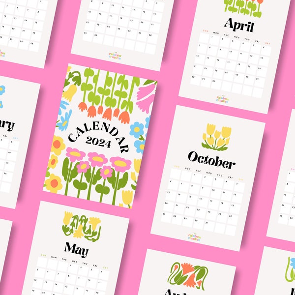 2024 Colourful Calendar // Printable Calendar 2024, Floral Calendar 2024, Sunday Start Calendar, Monthly Planner 2024, Digital Download PDF