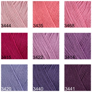 May include: Nine yarn skeins in various shades of pink, red, purple, and blue. The skeins are arranged in a 3x3 grid. Each skein has a number printed on it: 3444, 3435, 3468, 3415, 3422, 3414, 3420, 3440, 3441.