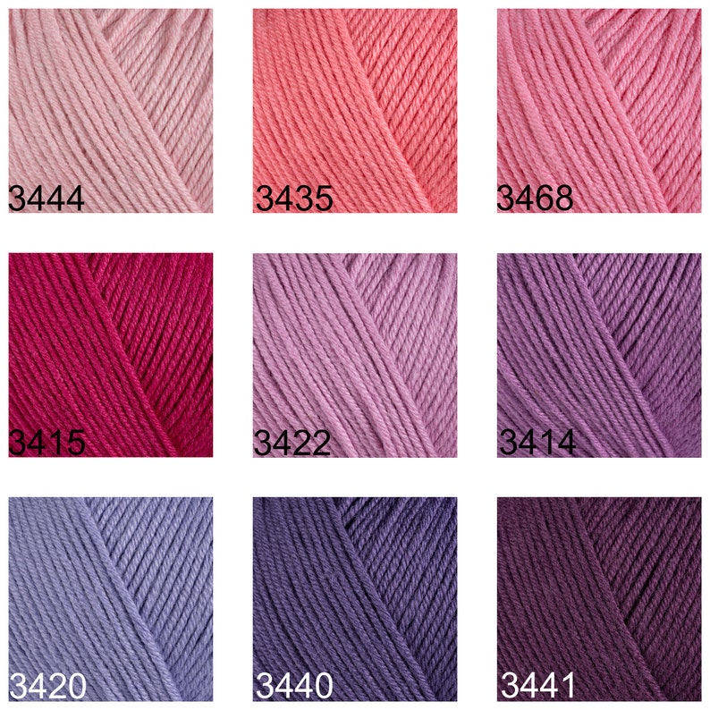 May include: Nine yarn skeins in various shades of pink, red, purple, and blue. The skeins are arranged in a 3x3 grid. Each skein has a number printed on it: 3444, 3435, 3468, 3415, 3422, 3414, 3420, 3440, 3441.