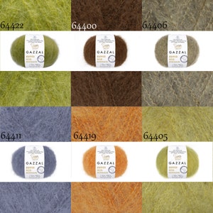 May include: Six skeins of yarn in various colors, including green, brown, gray, orange, and yellow. Each skein is labeled "GAZZAL SUPER KID MOHAIR".