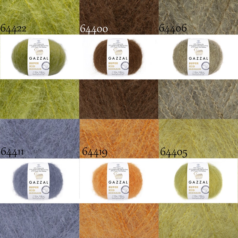 May include: Six skeins of yarn in various colors, including green, brown, gray, orange, and yellow. Each skein is labeled "GAZZAL SUPER KID MOHAIR".