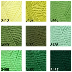 May include: Nine skeins of yarn in various shades of green and yellow. The skeins are arranged in a 3x3 grid. The numbers 3413, 3457, 3448, 3449, 3463, 3425, 3466, 3456, and 3467 are printed below each skein.