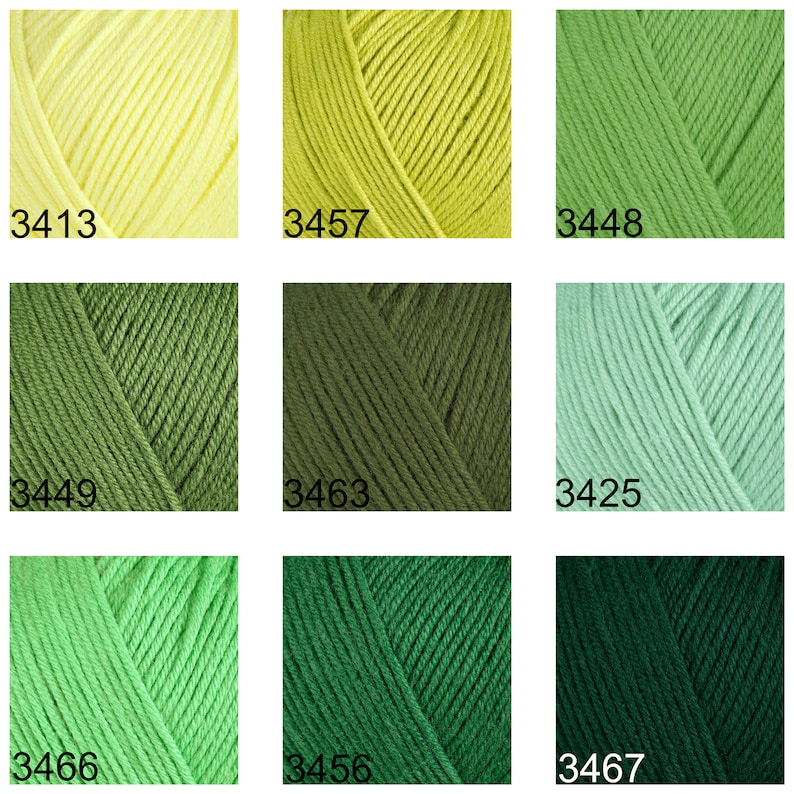 May include: Nine skeins of yarn in various shades of green and yellow. The skeins are arranged in a 3x3 grid. The numbers 3413, 3457, 3448, 3449, 3463, 3425, 3466, 3456, and 3467 are printed below each skein.