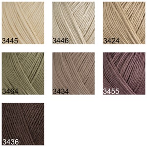 May include: Yarn color chart with 9 different shades of yarn. The colors are: 3445, 3446, 3424, 3464, 3434, 3455, 3436.