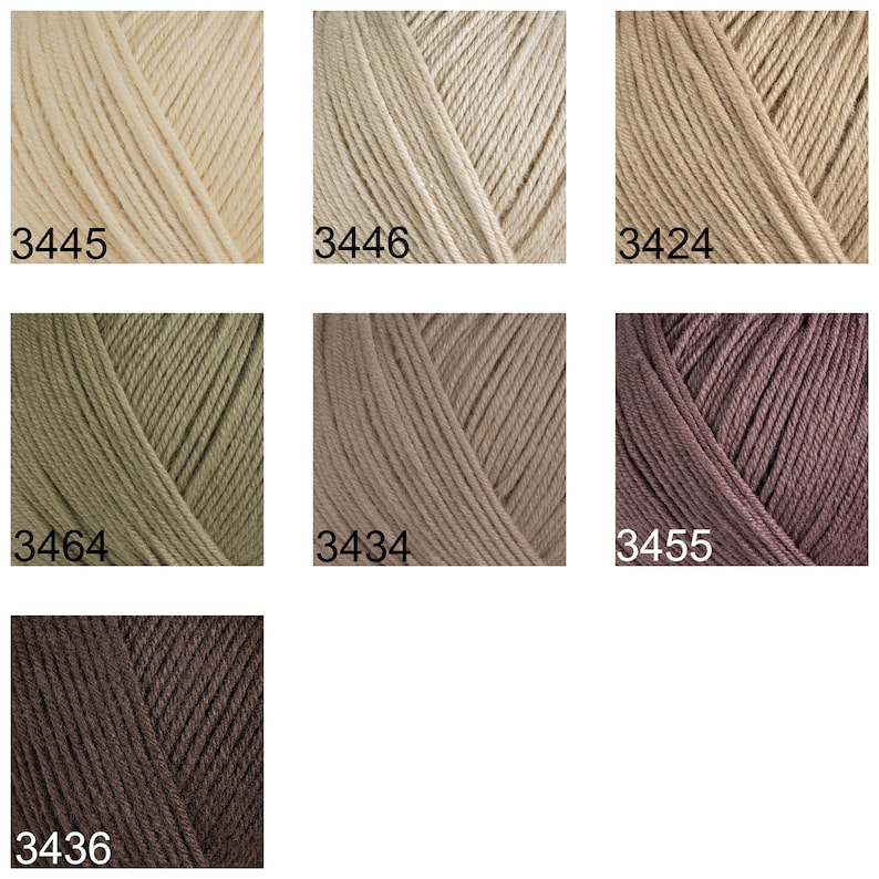 May include: Yarn color chart with 9 different shades of yarn. The colors are: 3445, 3446, 3424, 3464, 3434, 3455, 3436.