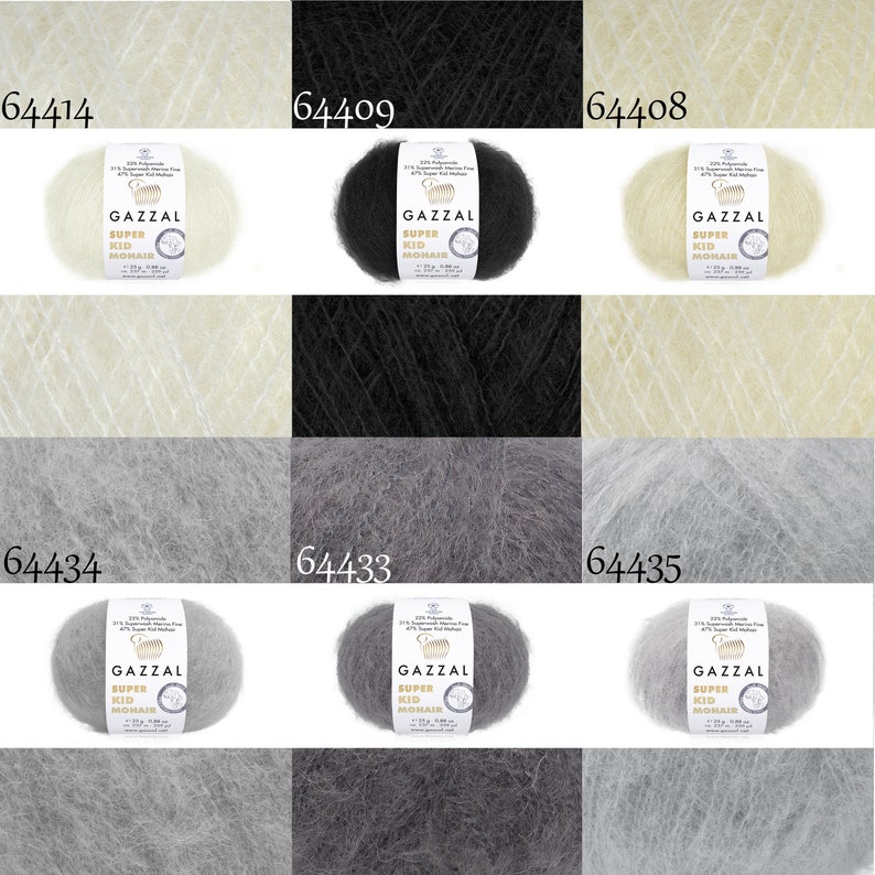 May include: Six skeins of yarn in various colors, including white, black, cream, gray, and light gray. Each skein is labeled "GAZZAL SUPER KID MOHAIR".