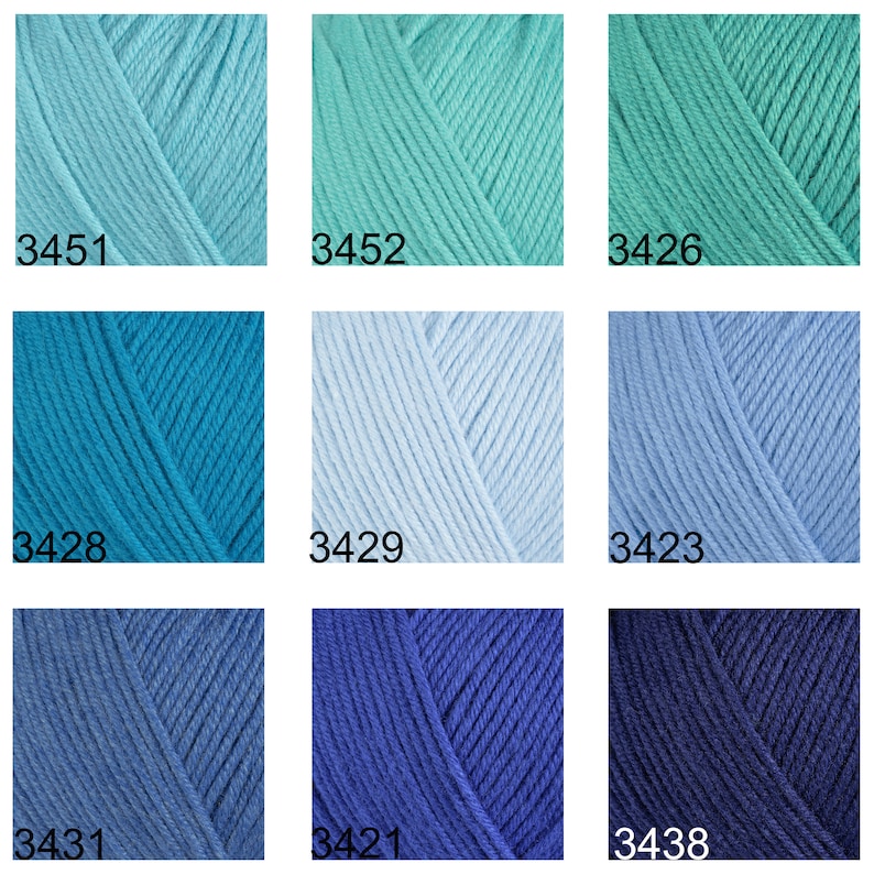 May include: Nine yarn skeins in various shades of blue and green. The skeins are arranged in a 3x3 grid. The numbers 3451, 3452, 3426, 3428, 3429, 3423, 3431, 3421, and 3438 are printed below each skein.