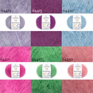 May include: Six skeins of yarn in various colors, including lavender, purple, light blue, pink, green, and coral. Each skein has a label that reads "GAZZAL SUPER KID MOHAIR".