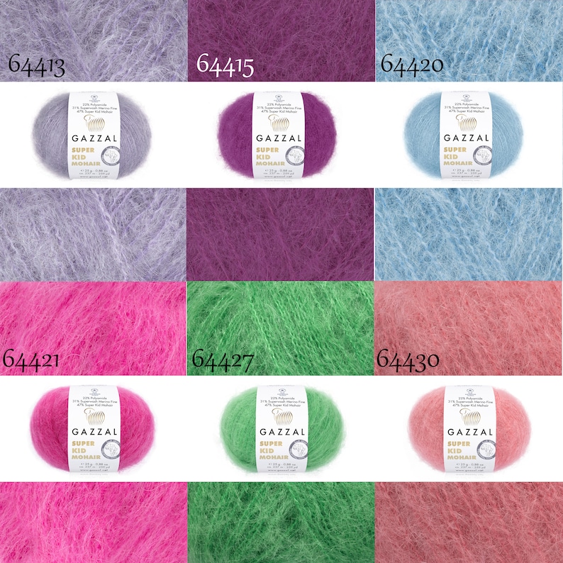May include: Six skeins of yarn in various colors, including lavender, purple, light blue, pink, green, and coral. Each skein has a label that reads "GAZZAL SUPER KID MOHAIR".