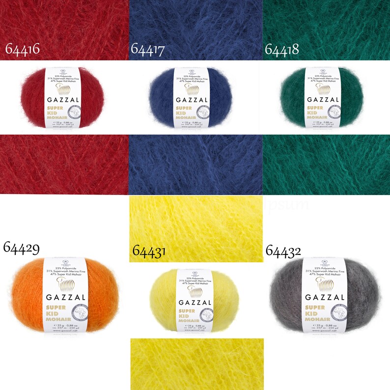 May include: Assortment of yarn skeins in various colors, including red, blue, green, orange, yellow, and gray. Each skein features the label "GAZZAL SUPER KID MOHAIR" with a small illustration of a goat.