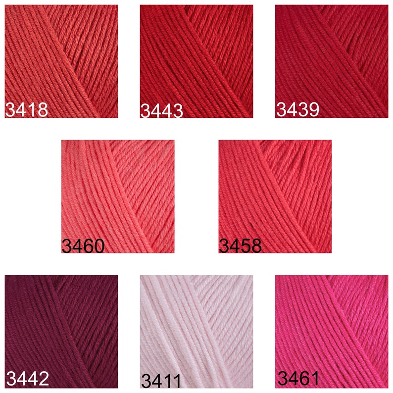 May include: Nine yarn skeins in various shades of red, pink, and white. The skeins are labeled with numbers: 3418, 3443, 3439, 3460, 3458, 3442, 3411, and 3461.