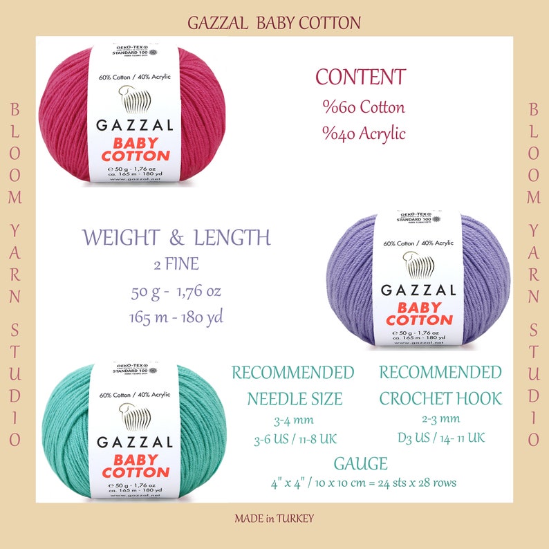 May include: Three skeins of yarn in pink, lavender, and teal colors. Each skein is labeled "GAZZAL BABY COTTON" and includes the yarn content, weight, length, and recommended needle and crochet hook sizes. The yarn is 60% cotton and 40% acrylic.