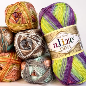 Alize Diva Batik Yarn, Batik Ombre Colors Yarn, Soft Silky Acrylic, Hypoallergenic Sport Weight Yarn, Fingering Yarn for Summer