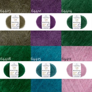 May include: Assortment of yarn skeins in various colors, including green, purple, teal, and pink. Each skein is labeled "GAZZAL SUPER KID MOHAIR".