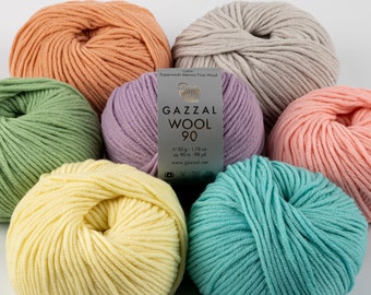 Gazzal Wool 90, Fil de laine mérinos Superwash, Fil de fibres naturelles, Laine mérinos douce, Fil pour bébés, Fil au crochet à tricoter, Fil peigné Aran