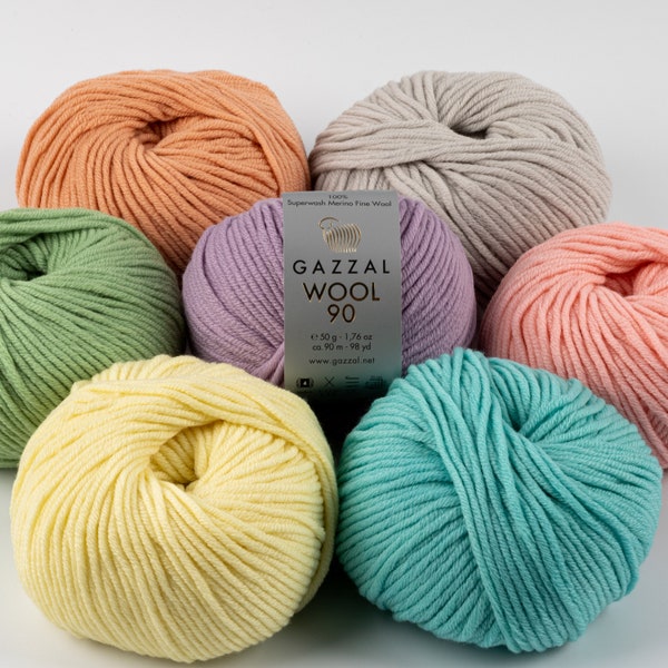 Gazzal Wool 90, Fil de laine mérinos Superwash, Fil de fibres naturelles, Laine mérinos douce, Fil pour bébés, Fil au crochet à tricoter, Fil peigné Aran