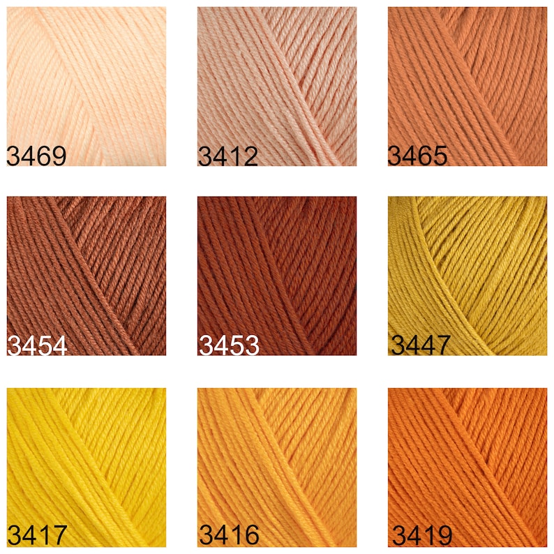 May include: Nine skeins of yarn in various shades of orange, yellow, and brown. The skeins are arranged in a 3x3 grid. The numbers 3469, 3412, 3465, 3454, 3453, 3447, 3417, 3416, and 3419 are printed below each skein.