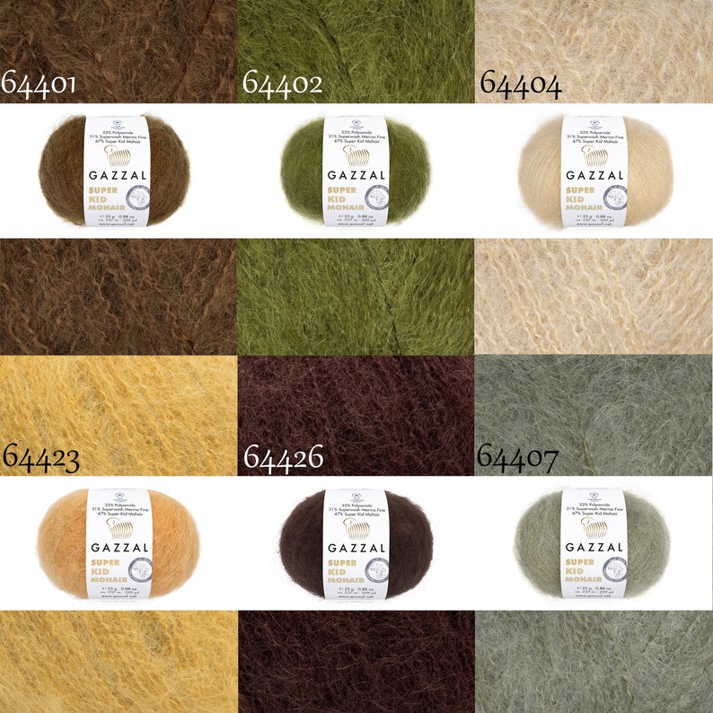 May include: Nine skeins of yarn in various colors, including brown, green, beige, and yellow. Each skein is labeled "GAZZAL SUPER KID MOHAIR".