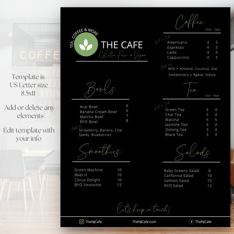 Editable Canva Café Coffee Shop Menu , Tea Shop Pricing List, Juice