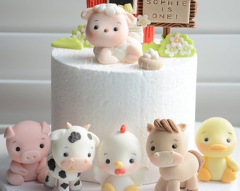 Boerderij dieren taart toppers-Fondant taart topper-eetbaar-verjaardag-baby shower-schapen varken koe haan paard eend schuur eieren