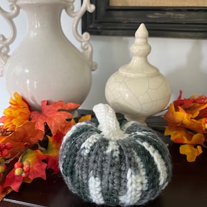 Deluxe Variegated 1 Pumpkin Handmade Crochet Neutral Hygge MODERN FARMHOUSE Variegated Gray, Ivory, and Charcoal Fall Autumn Farmhouse Decor