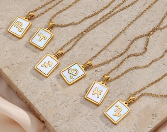 Tarot Card Zodiac Star Sign Pendant Necklace, Astrology Necklace, Zodiac Tarot Card Jewelry, Mystic Jewelry Gold Tarot Rectangular Necklace