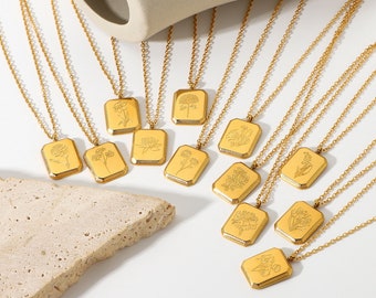 Geburtsblumen-Halskette-Goldblumenanhänger-Blumen-Schmucksachen silberne Blumen-Halsketten-zierliches Goldrechteck-hängendes Geschenk für sie, Geburtstags-Geschenke