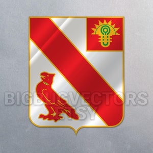 May include: A red and white heraldic shield with a red bird and a sun with a green stylised key. The shield has a gold border.