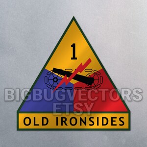 Pode incluir: Um triângulo amarelo com uma seção azul e vermelha em cada lado. O triângulo tem um canhão preto com um raio e o número "1" dentro. O texto "OLD IRONSIDES" está na parte inferior do triângulo.
