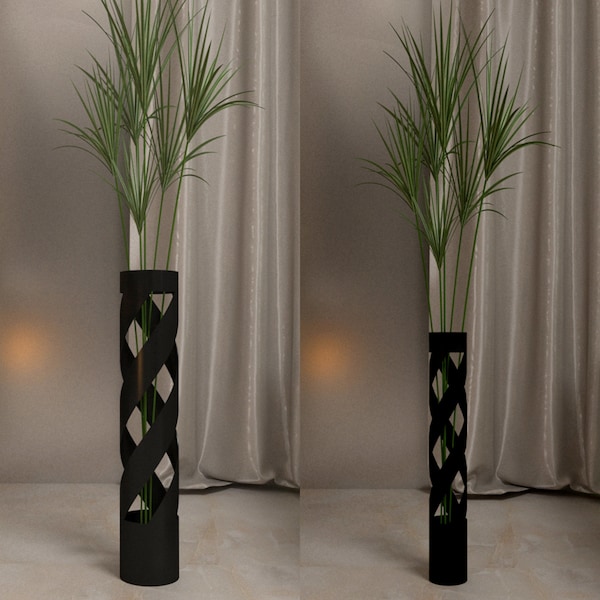 2 Tall Metal Vase for Pampas, Tall Large Floor Vase Black Color 60cm Height 11,4 cm Width and 50cm Height 7,6 cm Width