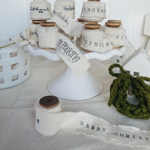 Hand-Stamped Cotton Muslin Ribbon with Vintage Wooden Spool, Gift Wrap