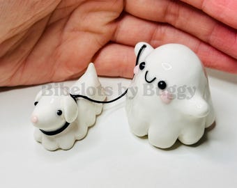 PREORDER | Handmade Ghost Walking Dog Figurine | Ghostie and Puppy | Goblin & Ghoul Figurine | Cute Halloween Decor