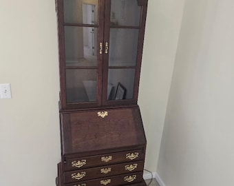 Vintage Secretary Desk Hutch, Queen Anne Style Mahogany Desk, Drop Front Writing Desk, Glass Display Cabinet, Traditional Furniture