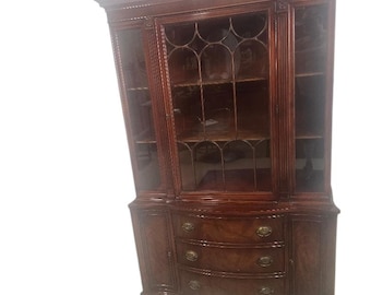Vintage Federal Revival Mahogany China Cabinet – Serpentine Front, Glass Display, Brass Pulls