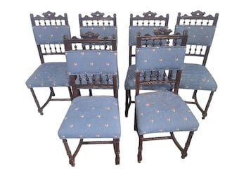 Juego de 6 sillas de comedor victorianas antiguas de nogal tallado estilo Eastlake