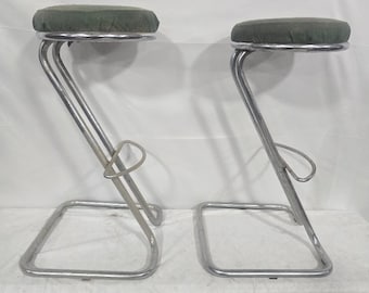 Pair of Vintage 1970s Chrome Z Bar Stools – Tubular Cantilever Frames, Green Upholstered Seats, Space Age Modern Décor